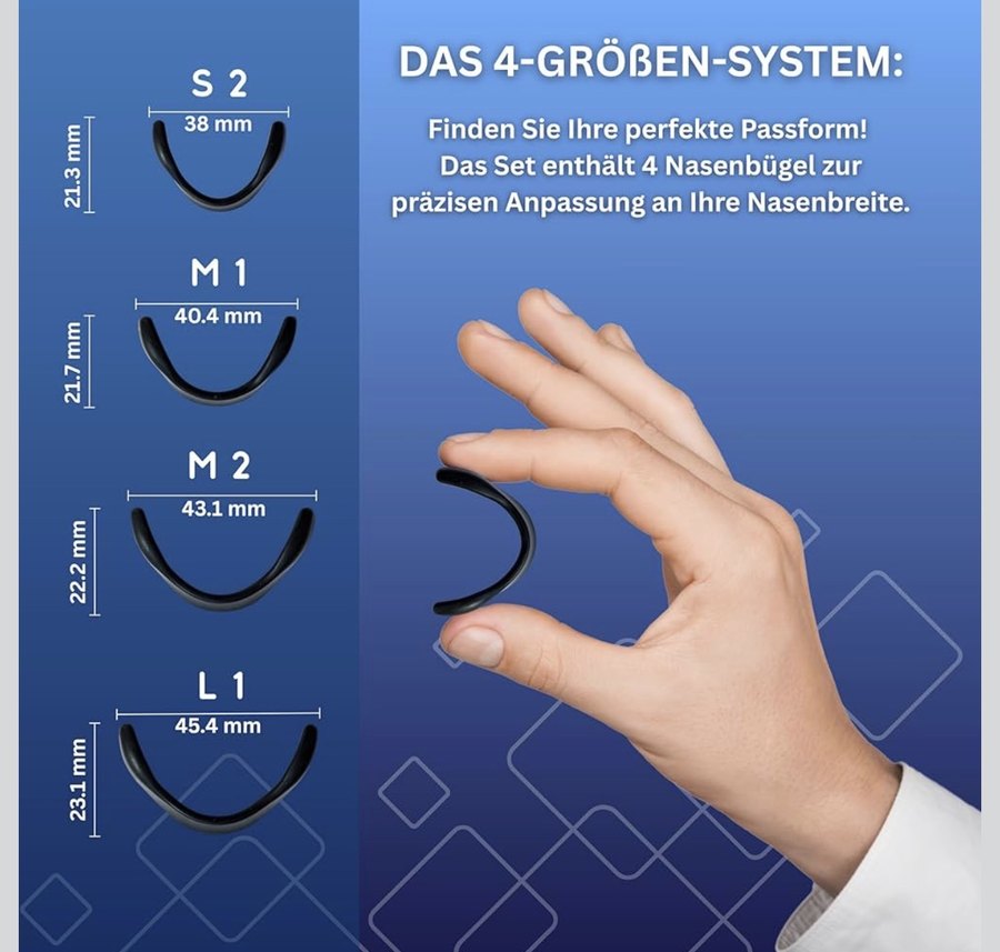 PROSEEL 4-Größen-System – Nasenbügel S2, M1, M2 und L1 mit Maßangaben