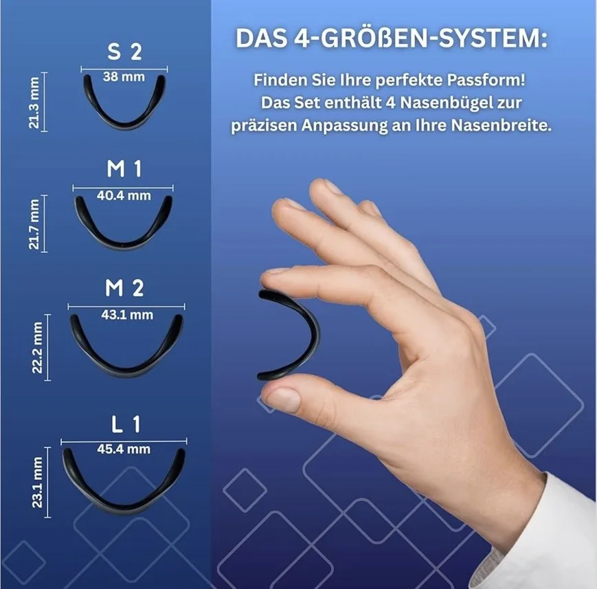 PROSEEL 4-Größen-System – Nasenbügel S2, M1, M2 und L1 mit Maßangaben