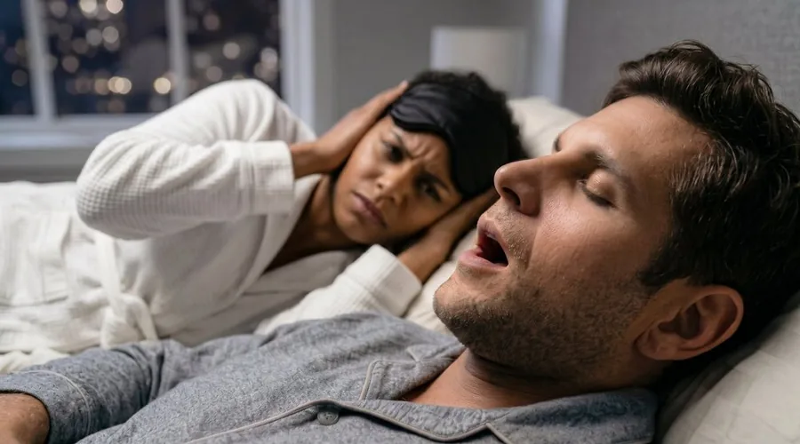 Paar im Bett – Mann schnarcht, Frau hält sich die Ohren zu