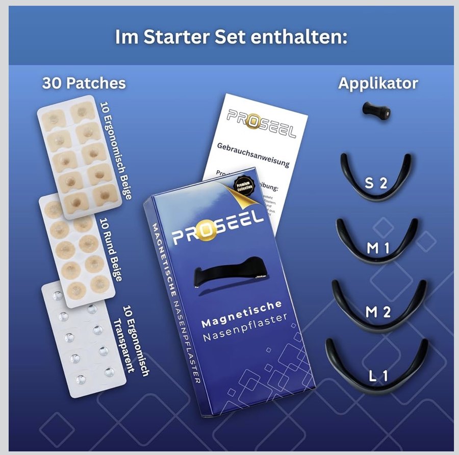 PROSEEL Starter Set Inhalt – 30 Patches, Applikator und vier Nasenbügel S2, M1, M2, L1
