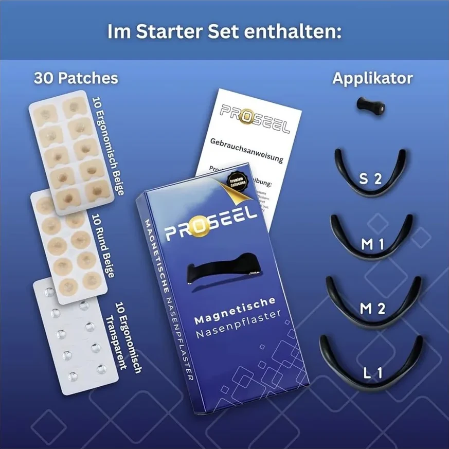 PROSEEL Starter Set Inhalt – 30 Patches, Applikator und vier Nasenbügel S2, M1, M2, L1